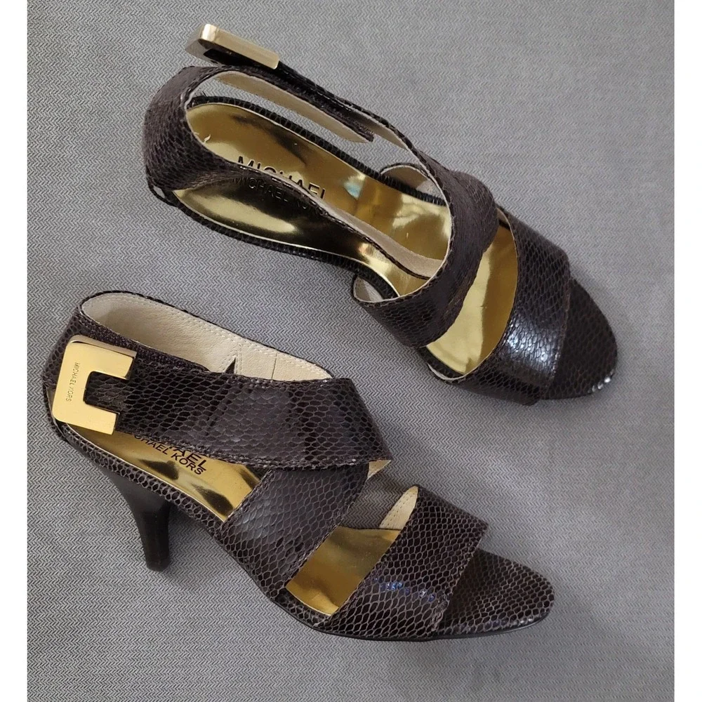Michael Kors Beverly Brown Genuine Snake‎ Skin Sandals Heels Size 7.5 M